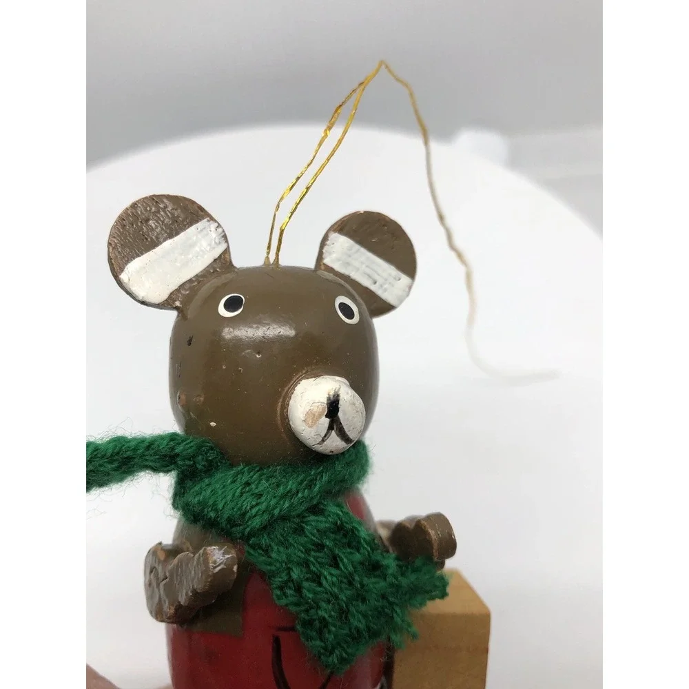 Vintage Wooden Hand Painted Bear Ornament Green Knitted Scarf 2.5